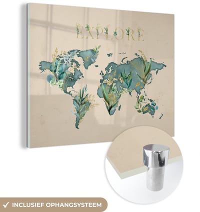 ® Glasschilderij 160x120 cm - Schilderij acrylglas - Wereldkaart - Planten - Turquoise - Foto op glas - Muurdecoratie woonkamer - Wanddecoratie slaapkamer - Schilderijen
