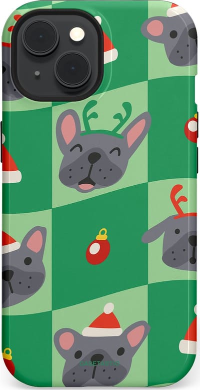 Casetastic hoesje geschikt voor Apple iPhone 15 - MagSafe - Dubbellaagse bescherming - Schattige Kersthondjes - Fashion Case - Groen Grijs