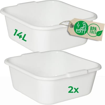 Novaliv 2x Vierkante Afwaskommen 14L, 38x38 cm, Wit, BPA-vrij, Vaatwasserbestendig, Ideaal voor Keuken en Camping, Bad, Grote Kunststof Kom, Vierkante Afwaskom, Afwasbak, Afwaskom