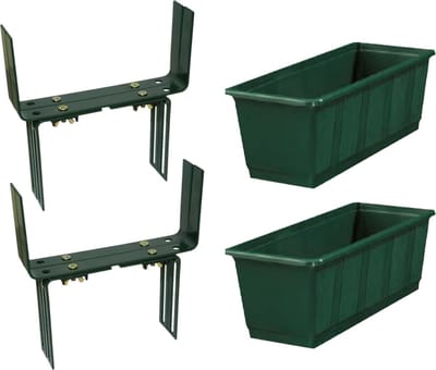 Set van 2 kunststof plantenbakken donkergroen rechthoekig 40 cm met 4 verstelbare balkon/muurbeugels