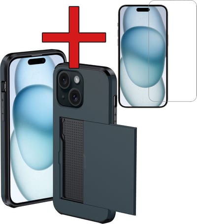 Hoesje Geschikt voor iPhone 15 Hoesje Met Pasjeshouder Hard Case Met Kaarthouder Met Screenprotector - Hoes Geschikt voor iPhone 15 Hoesje Pashouder Case - Donkerblauw