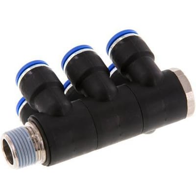10mm x R3/8'' 6-way Manifold Messing/PA 66 Insteekfitting Buitendraad Draaibaar NBR