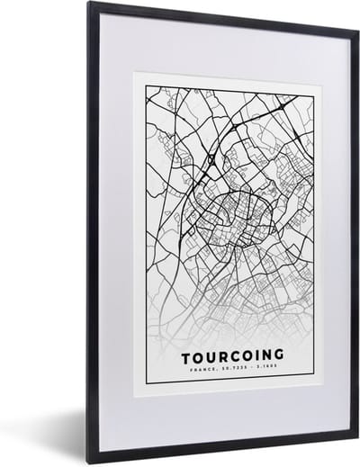 Fotolijst incl. Poster Zwart Wit- Stadskaart - Tourcoing - Plattegrond - Kaart - Frankrijk - Zwart wit - 40x60 cm - Posterlijst