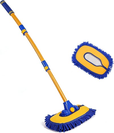 Autowasborstel - Telescopische Mop - Dakonderhoud Auto - 15 Graden Gebogen Steel - 50-102 cm - Blauw Geel