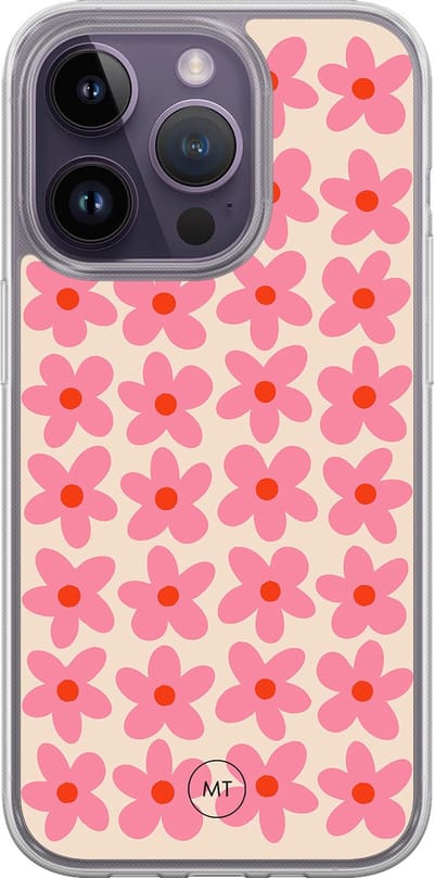 Hybride hoesje geschikt voor iPhone 15 Pro - Retro blooms - Extra bescherming - Luxe beschermhoes - TPU case - Transparant, Roze - Mooie Telefoonhoesjes