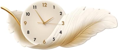 Wandklok - Luxe verenklok - Wandklok met verendecoratie - 50 x 21 cm - Decoratieve wandklok voor de eetkamer - Stille decoratieve wandklok - Grote wandklok - Metalen wandklok voor huisdecoratie - Beige