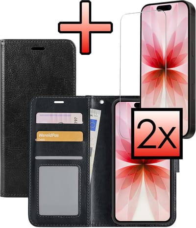 Hoesje - Met 2x Screenprotector - Geschikt voor Apple iPhone 17 - Luxe Pasjeshouder - Bookcase Portemonee - Flip Case - Kunstleer Book Case - Flipcase Hoes - Book Cover - Walletcase - Portemonneehoes - Zwart
