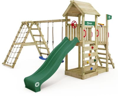 Wickey RocketFlyer Speeltoestel - Dubbele schommel met Glijbaan en Klimaanbouw - Houten Dak & Zandbak - 358x429x265 cm - Groen
