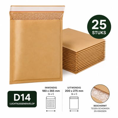 Chipa - D14 Bubbel Enveloppen - 25 stuks - Binnenmaat 180 x 265mm - Buitenmaat 200 x 275mm - Zelfklevende strip - Luchtkussen enveloppen - Verzendzakken - Bubbel enveloppen