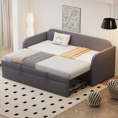 DESMIU Slaapbank 90x190 cm – Uitschuifbaar Gestoffeerd Bed Met Lattenbodem – 90x190 en 180x190 – Zonder Matras – Voor Woonkamer Of Logeerkamer – Linnen – Grijs