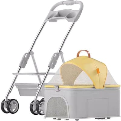 Huisdier Wandelwagen - Hondenbuggy Kattenwagen - Comfortabel Reizen - 2-in-1 Afneembaar - 12 kg Draagvermogen - Geel