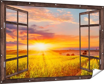 Gards Tuinposter Doorkijk Zonsopgang op het Maïsveld - 180x120 cm - Tuindoek - Tuindecoratie - Wanddecoratie buiten - Tuinschilderij