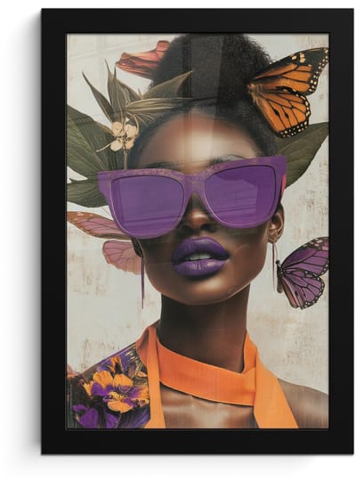 Poster in lijst - Fotolijst 20x30 cm - Posters - Vrouw - Zonnebril - Vlinder - Bloemen - Posterlijst zwart - Decoratie - Wanddecoratie woonkamer - Muurdecoratie slaapkamer