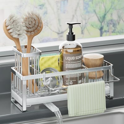 Zelfdrainerende gootsteenorganizer met borstelhouder en vaatdoekrek - Roestvrijstalen keukenopslag voor spons en schoonmaakaccessoires