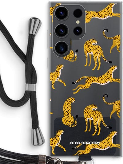 Case Company® - Hoesje met koord geschikt voor Samsung Galaxy S23 Ultra hoesje met Koord - Luipaard - Telefoonhoesje met Zwart Koord - Bescherming aan alle Kanten en Over de Schermrand