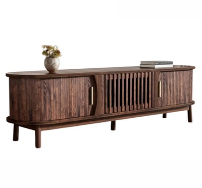 Jurrys Tv meubel - Kast - Opbergkast - Met schuifdeur - Multifunctioneel - Ovaal - Luxe Notenhout - Bruin - 165 x 39.5 x 46 cm