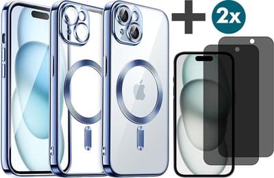 Hoesje met Privacy Screenprotectors 2 Stuks Geschikt voor iphone 15 Hoesje - Geschikt voor MagSafe - Arara siliconen Backcover - Blauw