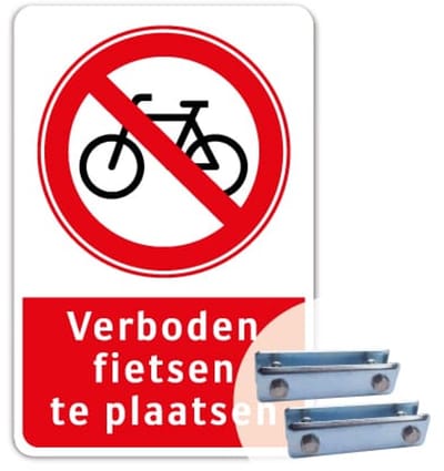 Bord Verboden fietsen te plaatsen - Weerbestendig Aluminium - 40x60 cm - Bevestiging: Met hekbeugels (voor spijlen- of gaashek)