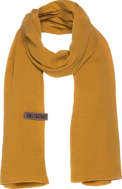 Knit Factory Liv Sjaal Dames - Katoenen sjaal - Langwerpige sjaal - gele zomersjaal - Dames sjaal - Oker - 200x40 cm - Duurzaam & Milieuvriendelijk - 100% Biologisch katoen