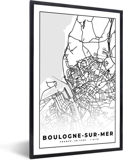 Fotolijst incl. Poster Zwart Wit- Kaart – Stadskaart – Frankrijk – Plattegrond - Boulogne-sur-Mer - Zwart wit - 40x60 cm - Posterlijst