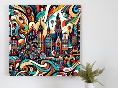 Abstract amsterdam schilderij | De verborgen schoonheid van de moderne wereld onthuld in kleurrijke Amsterdamse meesterwerken | Kunst - 100x100 centimeter op Dibond | Foto op Dibond