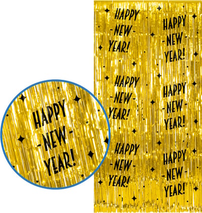 BTH - Happy New Year Feestgordijn - Goud & Zwart 2x1 m - Backdrop - Feestversiering - Glittergordijn - Oud en Nieuw