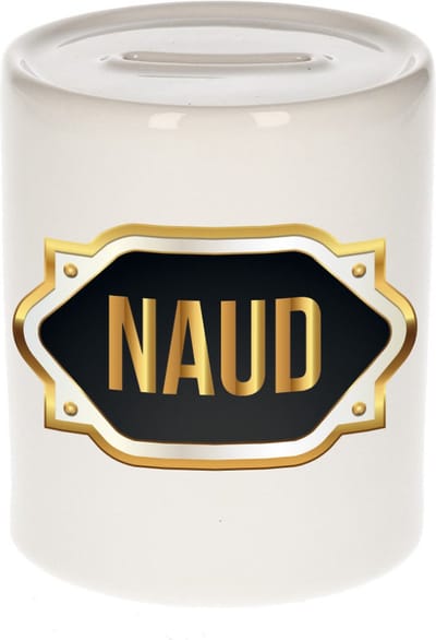 Spaarpot met voornaam Naud - wit - met goud/zwart embleem - 8 x 9 cm - keramiek - met afsluitdop - cadeau verjaardag