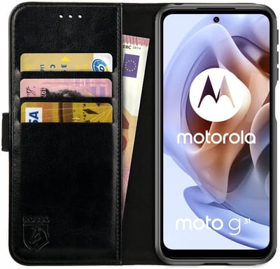 Rosso Element Book Case Wallet Hoesje Geschikt voor Motorola Moto G31 / G41 | Portemonnee | 3 Pasjes | Magneetsluiting | Stand Functie | Zwart