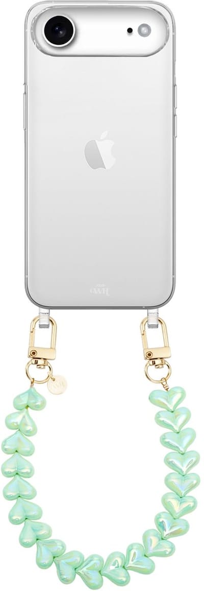 xoxo Wildhearts siliconen hoesje - Geschikt voor iPhone 17 Air hoesje - Funky Hearts (Green Metallic) - Telefoonhoesje - Hoesje met koord - Groen koord - kort telefoonkoord - Hartjes ketting - Transparant hoesje