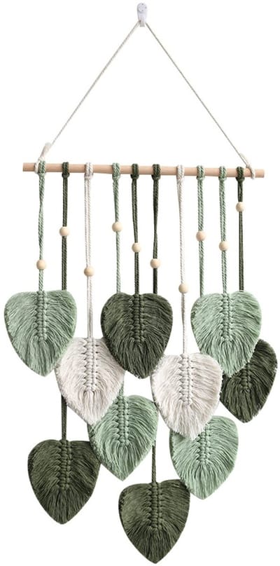 longziming -Macramé wandtapijt - Handgemaakte Macramé Wanddecoratie van Katoen – Uniek Bladontwerp – Natuurlijke Boho Woondecoratie 40×90 cm – Sfeervolle Muur – Legergroen
