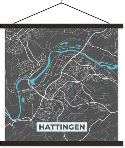 Posterhanger incl. Poster 60x60 cm - Schoolplaat - Stadskaart – Hattingen – Duitsland – Plattegrond – Kaart - Textielposter - Zwarte latten - Stadskaart