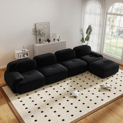 Moderne Hoekbank, L-Bank, 4-Zitsbank, Moderne 388 cm Brede, Converteerbare Hoekbank met Voetenbank, L-vormige Modulaire Corduroy Bank, Compacte Bank voor 4-6 Personen voor de Woonkamer, Extra Diepe Zitting, Geen Montage Nodig-Zwart