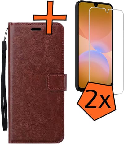 Hoes - Met 2x Screenprotector - Geschikt voor Samsung Galaxy A26 - Luxe Pasjeshouder - Bookcase Portemonee - Flip Case - Kunstleer Book Case - Flipcase Hoes - Book Cover - Walletcase - PortemonneeHoes - Bruin