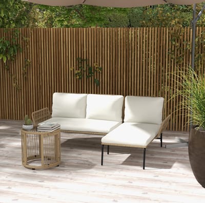 MEUNIQ Loungeset met chaise longue, 2-zitsbank en salontafel - 3-delige tuinset met kussens, glasplaat en 3 zitplekken voor terras, balkon of tuin - crème wit
