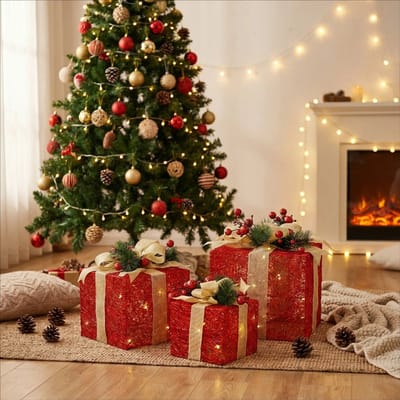 Kerstcadeaudozen(Set van 3 ) - met LED Verlichting- LED kerst geschenkdozen met elandpatroon - Kerstverlichting figuur - Kerstdecoratie - Warm wit licht – Set van 3 (rood) – Onder de kerstboom – Met strik en kerstdecoratie