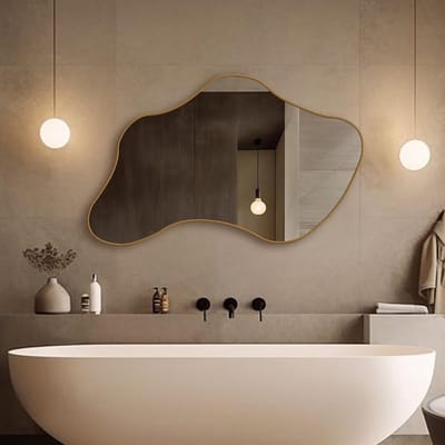 Grote Asymmetrische Wandspiegel met Houten Frame | Moderne Golvende Spiegel voor Badkamer en Woonkamer (55x90 cm)