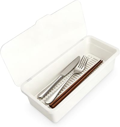 1 stuks bestekbak met deksel, bestekopslag, smal, van PP-kunststof met afneembare lekbak, bestekbox voor keuken, studentenhuis, outdoor, picknick