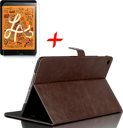 Hoes + Screenprotector geschikt voor iPad Mini (2019) - Smart Book Case Lederen Hoesje - iCall - Donkerbruin