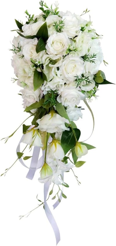 Bruidsboeket Druppel - Bruidsbloemen - Bruiloft - Zijden Rozen - 23x55cm - Wit Groen