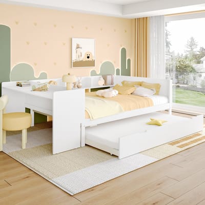 MODFU - Bedframe 140x200 cm – Wit grenenhout met bureau & uitschuifbed – 3 planken