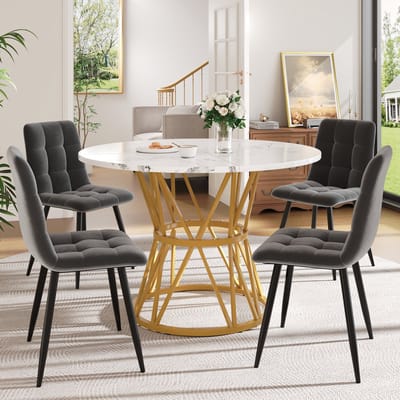REDOM - Eetkamerset - Rond - Marmerlook - Modern - Voor Keuken - MDF En Fluweel - Grijs En Goud - 100 Cm