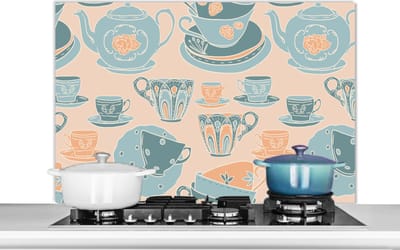 Spatscherm keuken 100x65 cm - Kookplaat achterwand Patronen - Vintage - Kopje - Thee - Muurbeschermer - Spatwand fornuis - Hoogwaardig aluminium