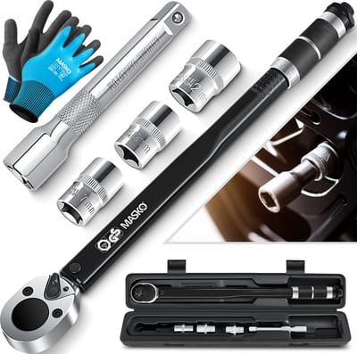 MASKO® Momentsleutel 1/2" /momentsleutel 6-delig set 40-210Nm 1/2 ' CV incl. 3 doppen 17mm, 19mm, 21mm en verlengstuk 125mm incl. koffer +/- 4% tolerantie bandensleutel auto momentsleutel 6-delige - Zwart