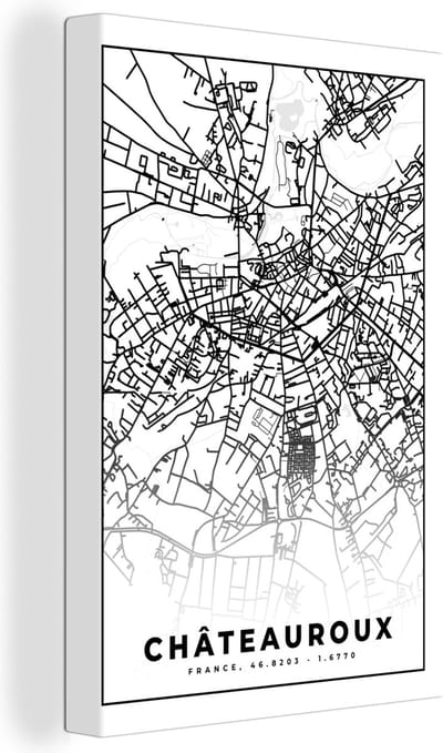 Canvas Schilderij Frankrijk – Châteauroux - Plattegrond – Stadskaart – Kaart - Zwart wit - 20x30 cm - Wanddecoratie