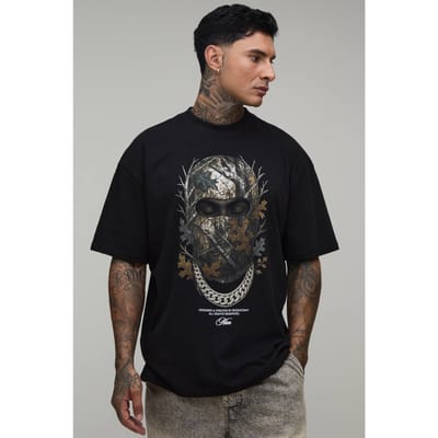 Lang Zwart Oversized T-shirt Met Verlengde Hals En Skimuts Print | Black | Size Large