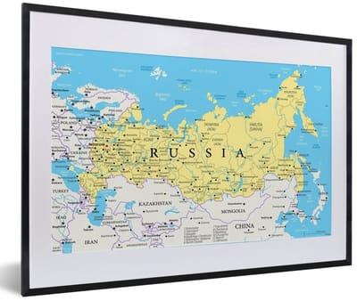 Poster in lijst - Fotolijst 60x40 cm - Posters - Illustratie van een deel van de wereldkaart met Rusland - Posterlijst zwart - Decoratie - Wanddecoratie woonkamer - Muurdecoratie slaapkamer