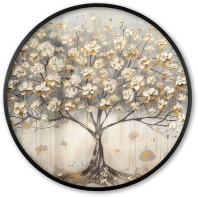 Poster in lijst Rond - Fotolijst 60x60 cm - Posters - Boom - Beige - Goud - Verflook - Grijs - Ronde posterlijst zwart - Decoratie - Wanddecoratie woonkamer - Muurdecoratie slaapkamer