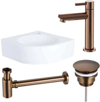 FugaFlow Eccelente Pietra fonteinset - 30x30x10cm - 1 kraangat - hoek - keramiek - fonteinkraan koper - glans wit