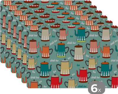 Placemat - Placemats kunststof - Patronen - Thee - Theepot - Vintage - 45x30 cm - 6 stuks - Hittebestendig - Anti-Slip - Onderlegger - Afneembaar
