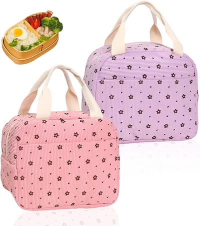 Lunchtas Corduroy en Aluminiumfolie Voering - Roze/Lila - Geïsoleerde Koeltas voor Picknick, School en Kantoor - Buiten Zak - 2 Stuks